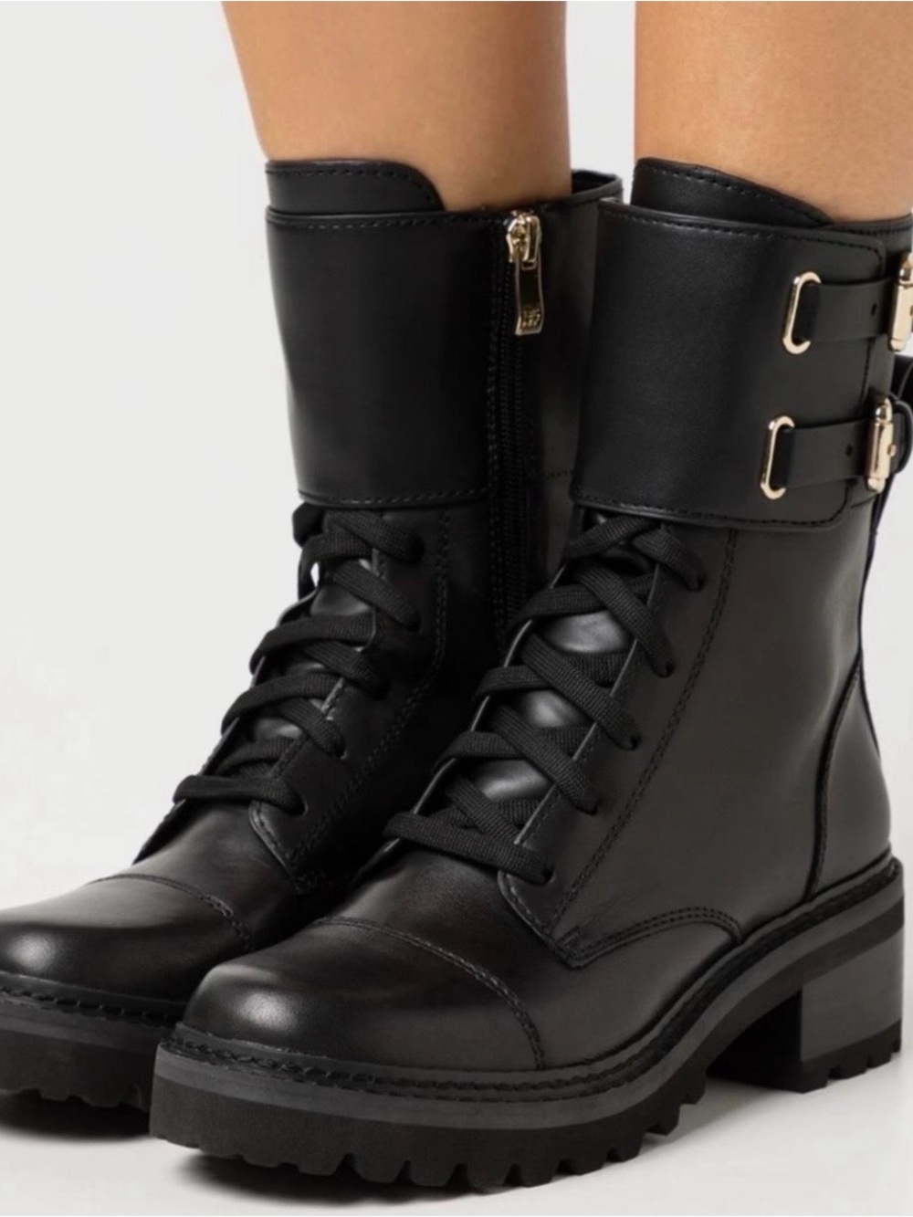 DKNY Black Lace-Up Buckle Combat Boots